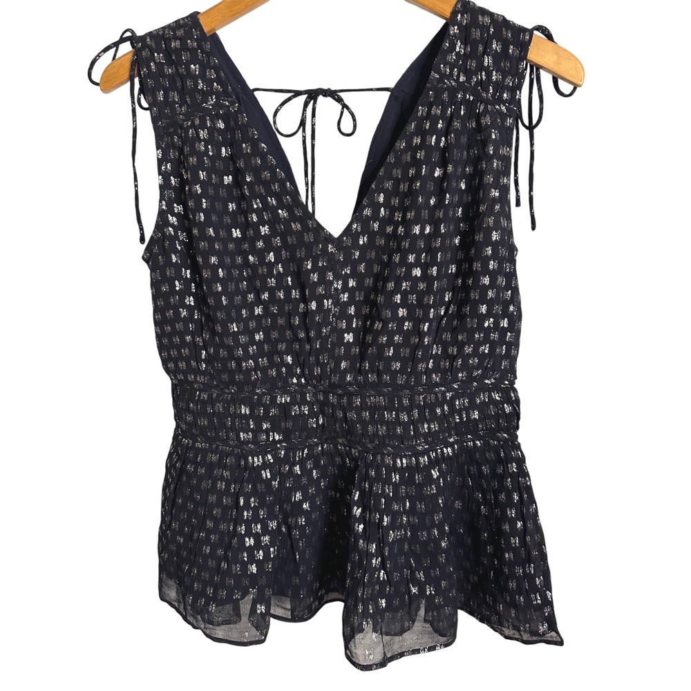 PARKER Small Navy Silver Metallic Lurex Clip Dot Smocked Peplum V-Neck Top S
